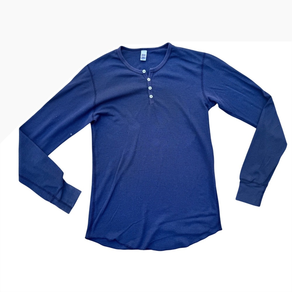 American Apparel Mens Navy Blue Thermal Waffle Knit Henley Long Sleeve Shirt M